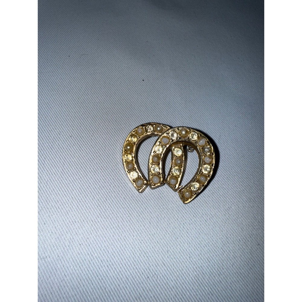 Vintage Double Horseshoe Brooch Gold Tone Faux Pearl Rhinestone Equestrian Pin